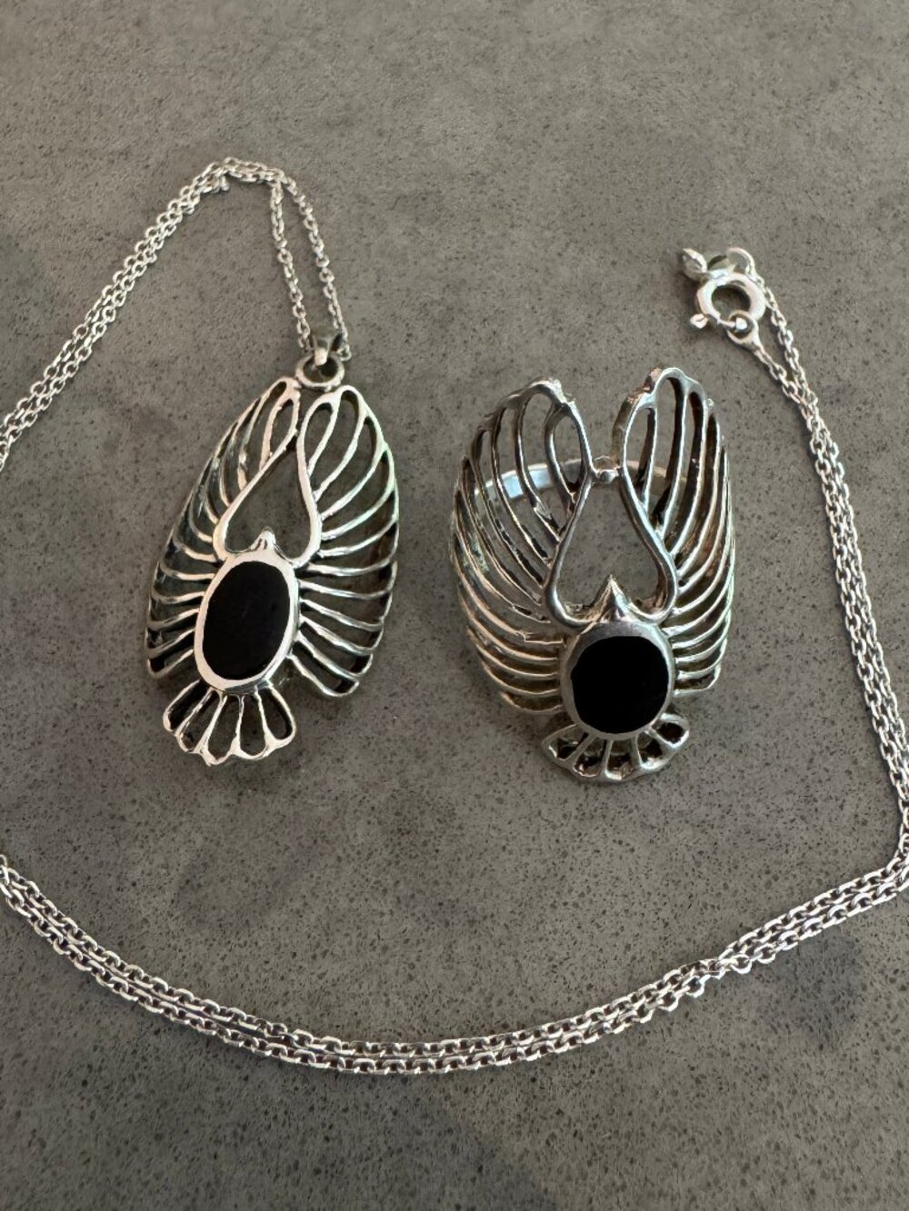 Vintage Sterling Silver Bird Phoenix Art Deco Nouveau Matching Ring + Necklace